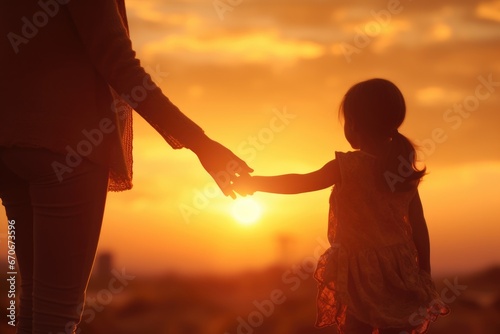 Mother-Daughter Sunset Serenity. In Nature's Embrace: A Silhouetted Mother and Daughter Share a Peaceful Sunset Stroll. Bond of Love 