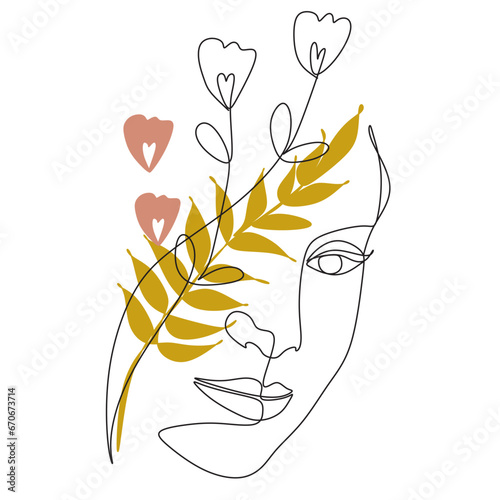 Abstract face with flowers  by one line drawing. Vector art.