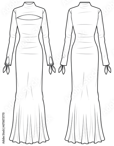 Women high neck chest cutout column dress design flat sketch fashion illustration with front and back view, long sleeve turtle neck dress drawing vector template with knot sleeve hem