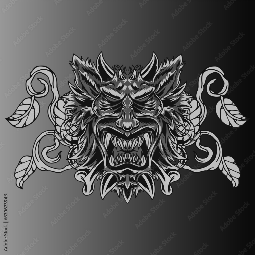 Aggressive demon beast head in monochromatic style vector illustration Aggressive demon beast head in monochromatic style vector illustration