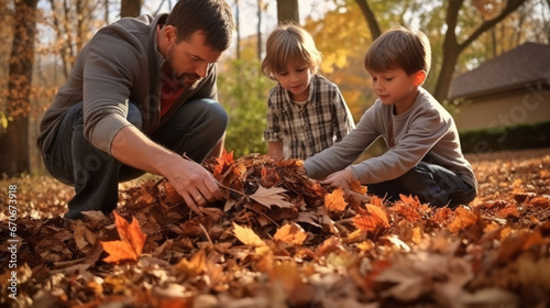 Family and small children joyfully playing in the fallen leaves during a delightful autumn day in the park