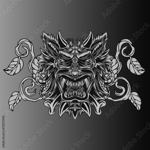 Aggressive demon beast head in monochromatic style vector illustration