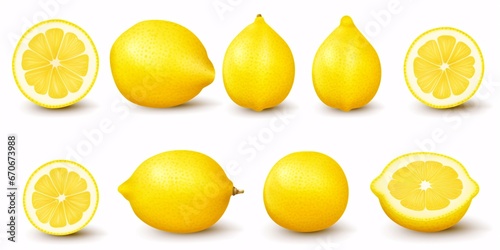 A citrusy trio of an isolated whole lemon and two halves rests on a pristine white backdrop...A solitary lemon and two halved fruit pieces sit solo on a brilliant white background.