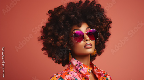 A beaming, African-American female models a chic, vintage look of shades, costume, and jacket.