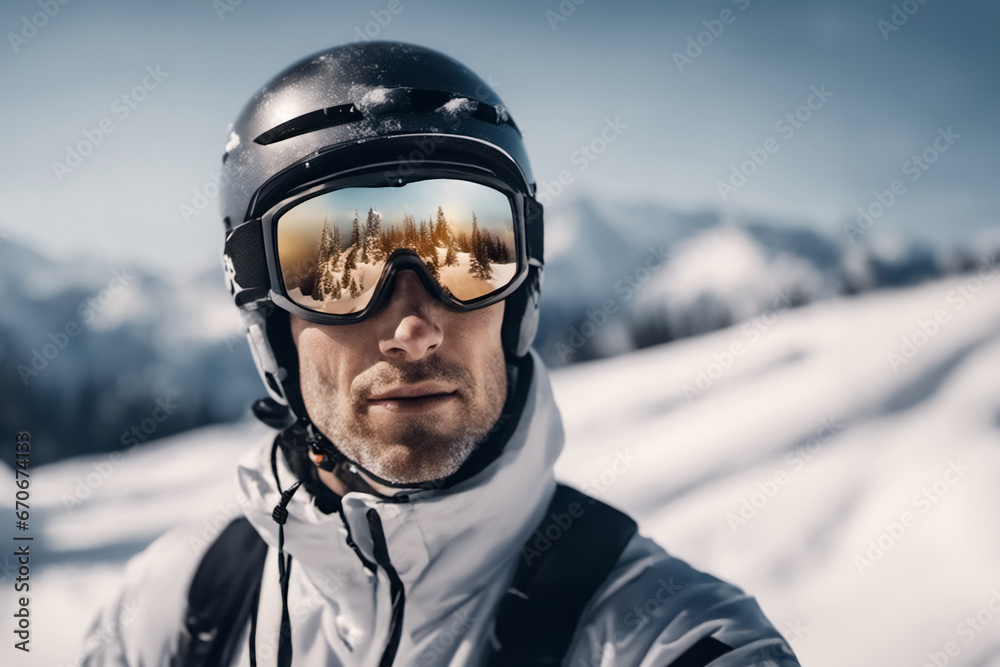 Skiing through Snowy Peaks- A Man's Portrait - obrazy, fototapety, plakaty 