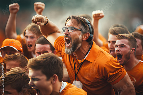 A coach and his team cheer for the players on the field during a football match. Support from teammates and the coach. Psychology of victory.