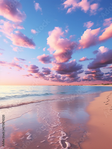 sunset on the beach, Abstract blurred sunset sunrise sky and ocean nature background, pastel pink beach sand clear blue ocean water  Pink and blue gradient colors  ocean wave summer  love and romantic © Maggie