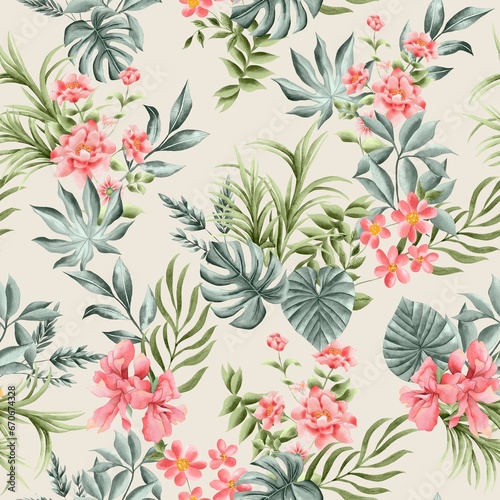 Watercolor flowers and foliage pattern, pink florals, green and blue leaves, white background, seamless © Leticia Back