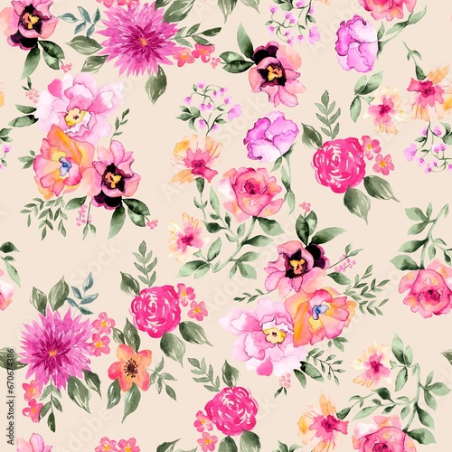 Watercolor flowers pattern  pink tropical elements  green leaves  white background  seamless