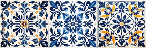 A radiant ceramic tile design featuring a stark blue and white porcelain flower pattern damask, a Victorian swell at the center and flourishing baroque art elements. photo