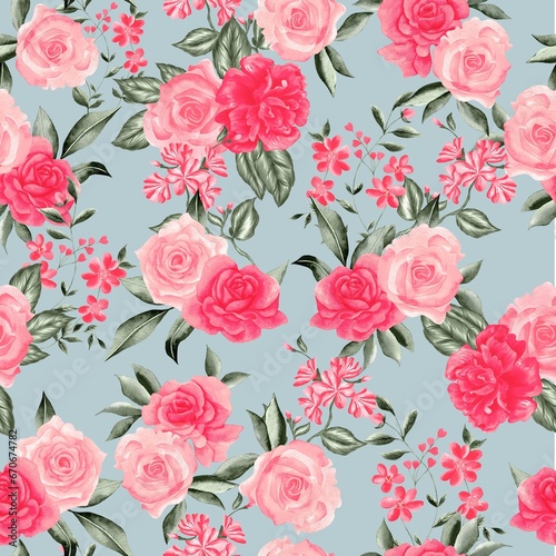 Watercolor flowers pattern, red romantic roses, green leaves, blue background, seamless