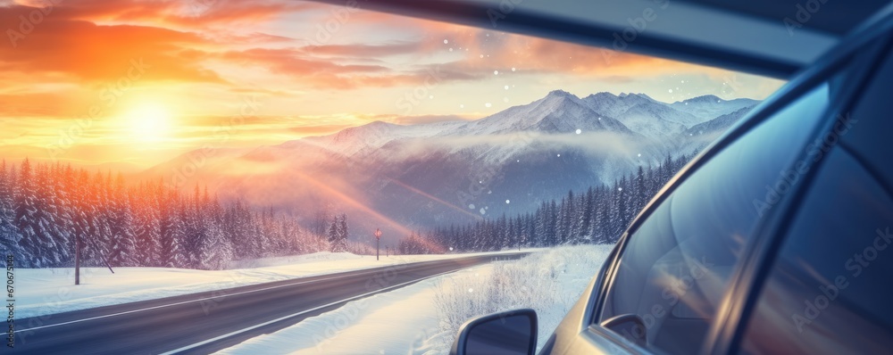 Obraz premium Luxury winter sports car tires near snowy road high in mountains, panorama. Generatve Ai