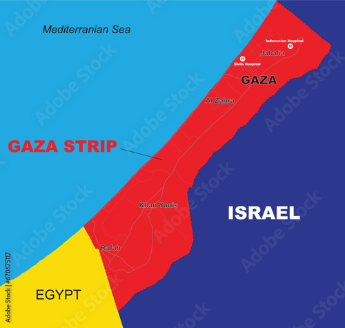 Vector map  of Gaza Strip showing prominent cities, vital hospitals, and essential road infrastructure, providing a comprehensive view of the area's key