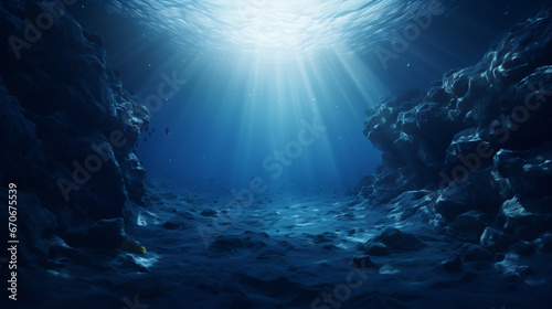 An illustration of a 3D render of a view from the bottom of a deep sea trench.