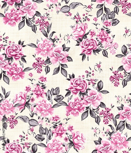 Watercolor flowers pattern, pink tropical elements, gray leaves, white background, seamless