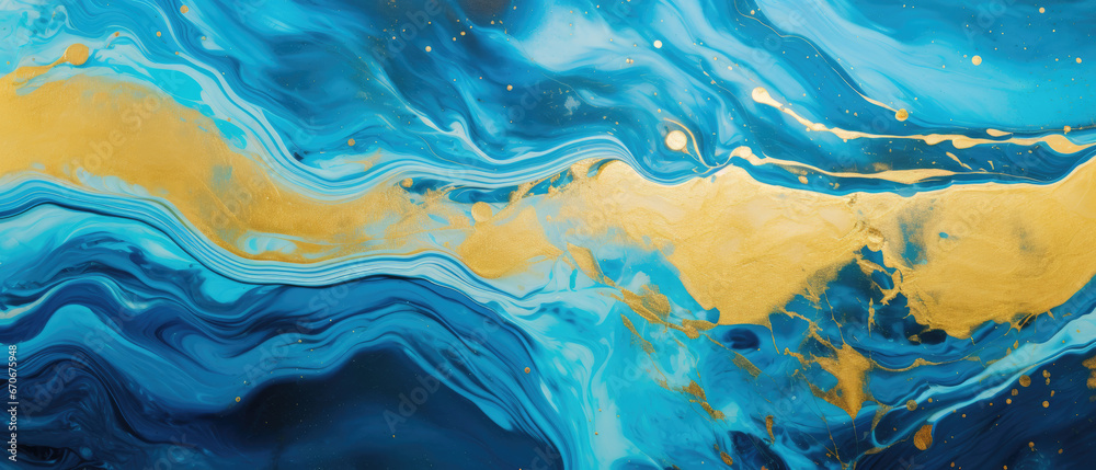 Abstract marble ink  backgroundpainted with gold and blue and white paint