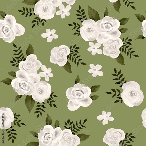 Watercolor flowers pattern  white tropical elements  green leaves  green background  seamless