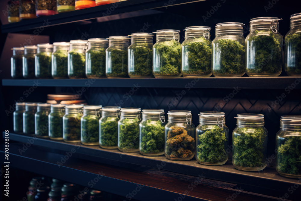 Cannabis dispensary, rows of glass jars with marijuana Cannabis dispensary, rows of glass jars with marijuana