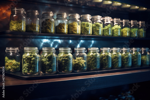 Cannabis dispensary, rows of glass jars with marijuana