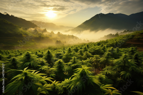 Cannabis field  foggy sunrise  mountains in the background