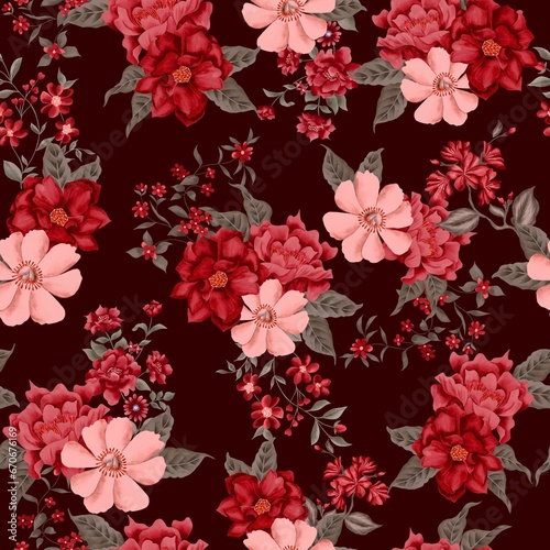 Watercolor flowers pattern, red tropical elements, brown leaves, dark red background, seamless
