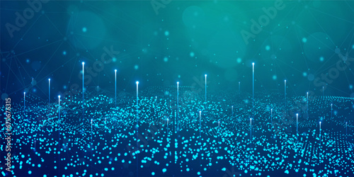 Digital technology internet network speed connection blue green background, cyber nano information, abstract communication, innovation future tech data, Ai big data lines dots, illustration vector 3d