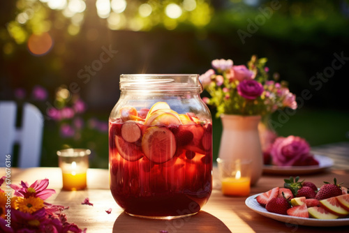 Jar of sangria wine on table served outside in sunny weather