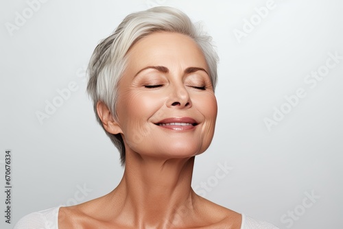 Elegant and mature woman radiating natural beauty and confidence in her old age against a white background.