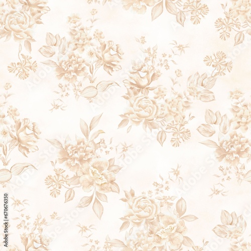 Watercolor flowers pattern, gold tropical elements, leaves, white background, seamless