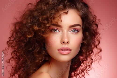 A stunning model with long curly hair and flawless makeup, radiating beauty and elegance.