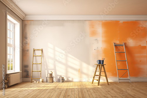 Empty room with stepladder, cans of paint and geometrical sunlight photo