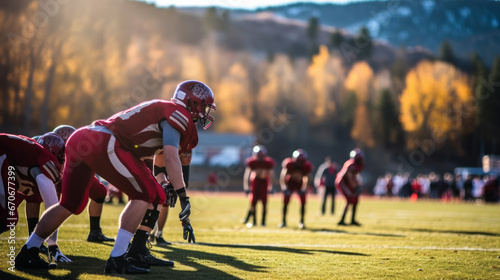 High school football team gathered on the field in autumn, ready to showcase their skills and teamwork
