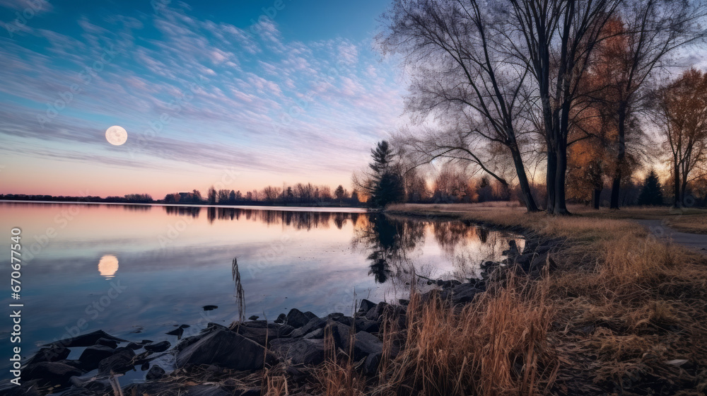 Fototapeta premium Misty autumn sunset casting a magical glow over the landscape, creating a tranquil and peaceful scene