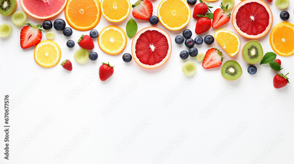 Colorful fruit with white background and warm light for product presentation in top view. Created using generative AI. - obrazy, fototapety, plakaty 