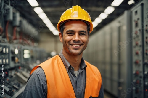 Portrait of proud smiling electrical engineer with hard hat in front of control panel of power plant. Generative Ai. photo