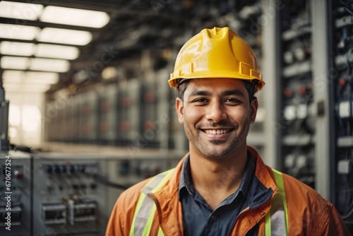 Portrait of proud smiling electrical engineer with hard hat in front of control panel of power plant. Generative Ai.