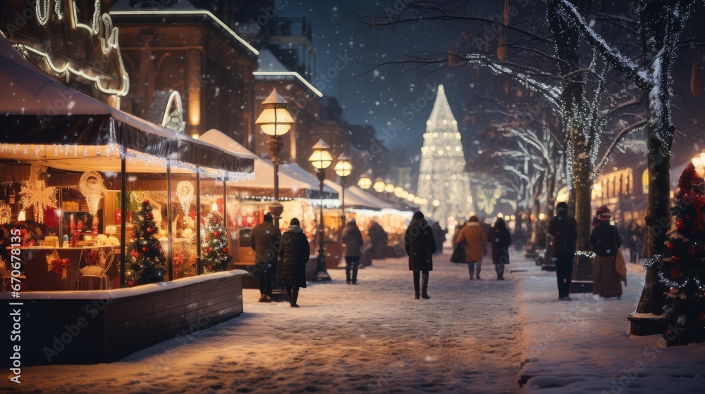 Cityscape Wonderland: Step into the holiday spirit with a defocused Christmas market at night. The city comes alive with colorful lights and festive decorations, perfect for a winter celebration