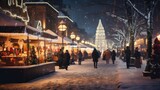 Cityscape Wonderland: Step into the holiday spirit with a defocused Christmas market at night. The city comes alive with colorful lights and festive decorations, perfect for a winter celebration