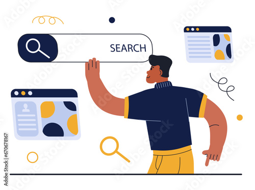 Vector illustration of searching for information on the Internet.Trendy happy character is searching for information on the internet using the search bar Answer and question concept. 