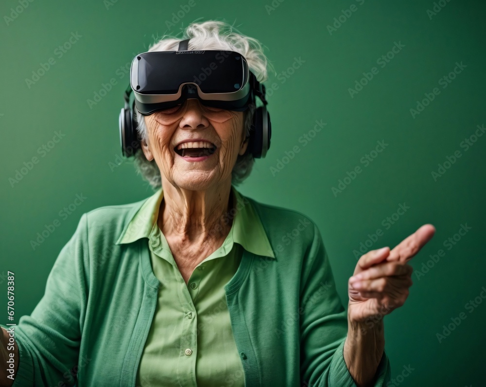 Elderly woman wearing VR headset, expressing wonder and joy. Presenting the excitement of technology and innovation in later life. Generative Ai. Elderly woman wearing VR headset, expressing wonder and joy. Presenting the excitement of technology and innovation in later life. Generative Ai.