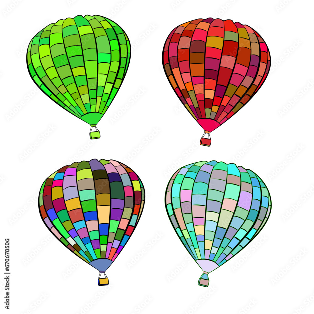 Obraz premium Vector illustration with the hot air balloons. aeronautics. Valentines day. Love. Mosaic bright peaces. Vector graphics. Blue, pink, yellow, green colors. For postcards, magazines, books, patterns