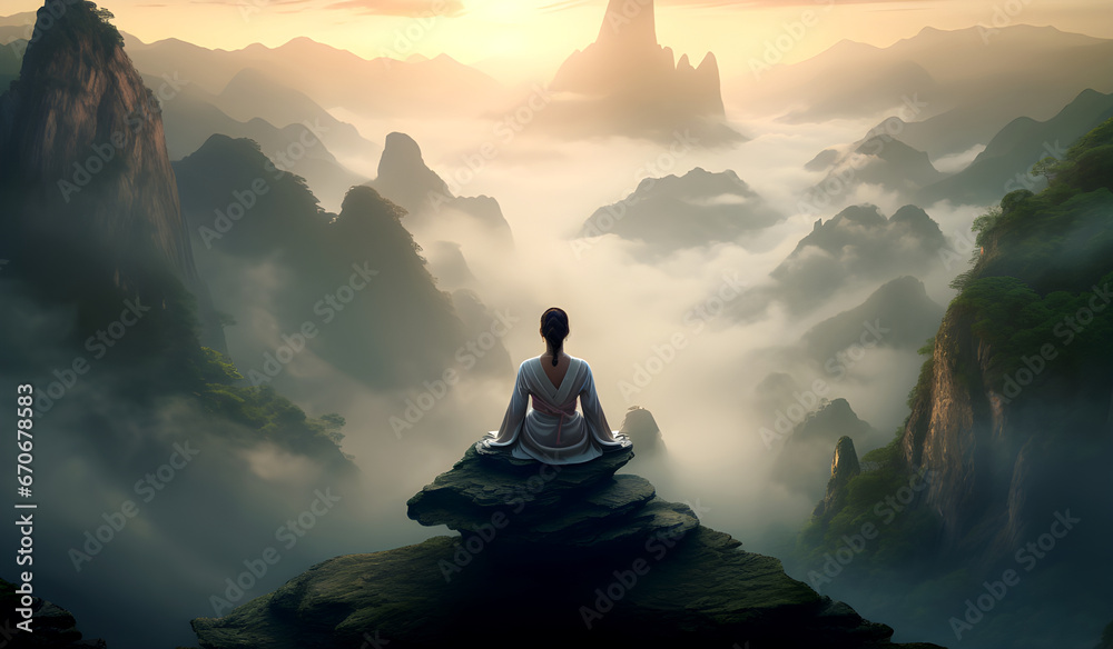 Woman sits, high rock, misty mountains, clouds, sunrise, peaceful, meditation, nature, valleys, serene, vast, tranquil, overview