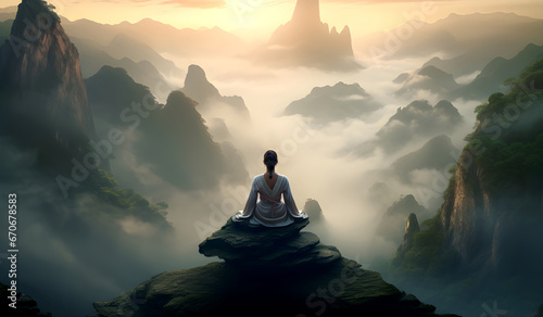 Woman sits, high rock, misty mountains, clouds, sunrise, peaceful, meditation, nature, valleys, serene, vast, tranquil, overview