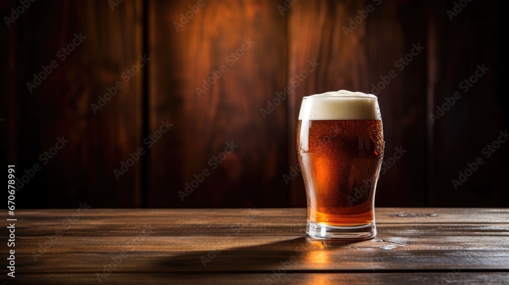 Craft Beer Delight: A glass of cold, frothy dark beer, perfectly placed on an old wooden table. Ideal for showcasing craft beer selections and pub culture.