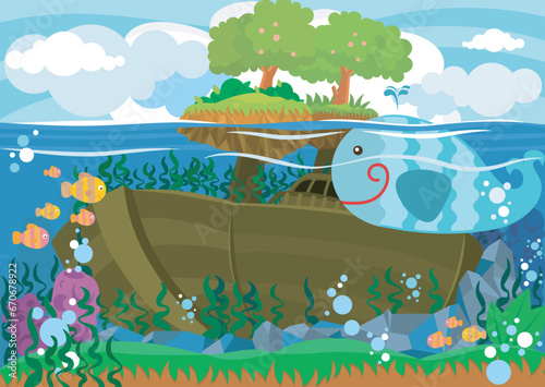 Funny fish cartoon underwater world - Fish cartoon with beauty sea life background