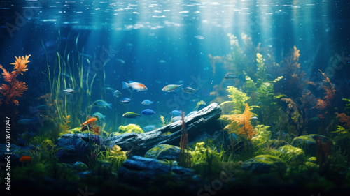 Vibrant aquarium with various fish and lush aquatic plants