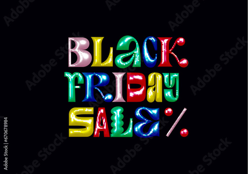 Black Friday Sale Background with Colorful 3d Modern Style Letters. Y2k Trendy Font on Black Bg. Vector Advertising Illustration