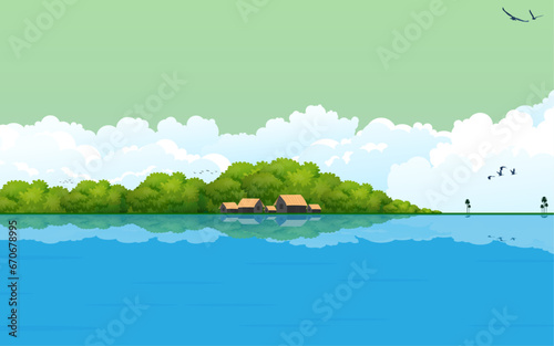 Beautiful Landscapic scene rural river horizontal view background