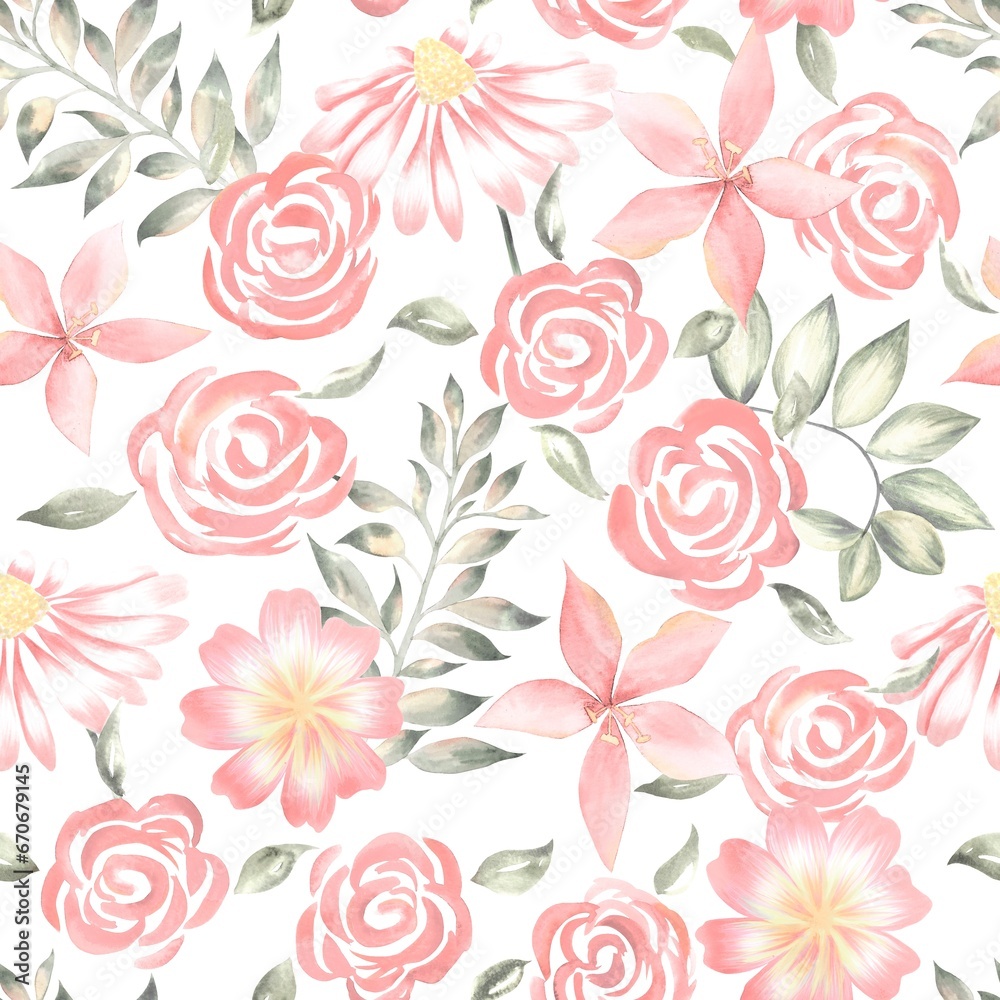 Watercolor flowers pattern, soft pink romantic roses, green leaves, white background, seamless