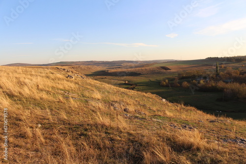 A grassy field with a hill in the background